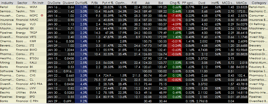 January 2026 dividend screen with tickers, dividend dates, yields, payout ratios, and volatility.